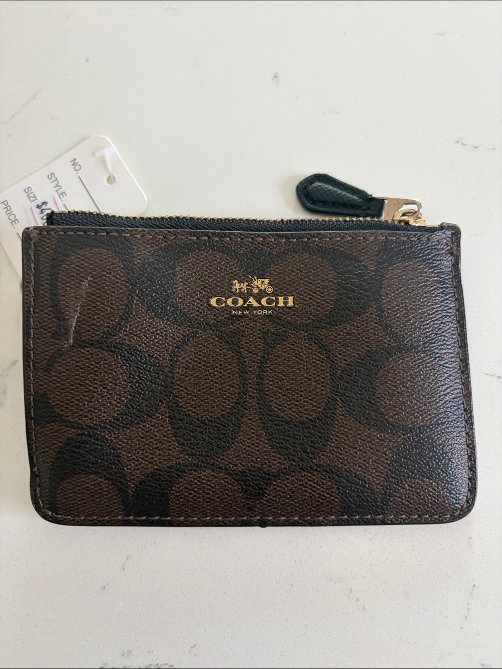 COACH Brown Signature Zip Card Case with Gold Logo